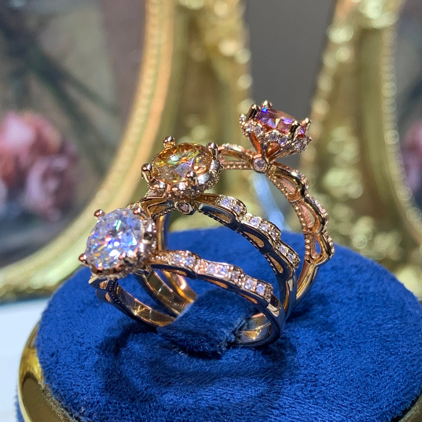(Athena) 「Buy 1 get 1 band ring for free」rose gold 18K plated 1CT Moissanite ring