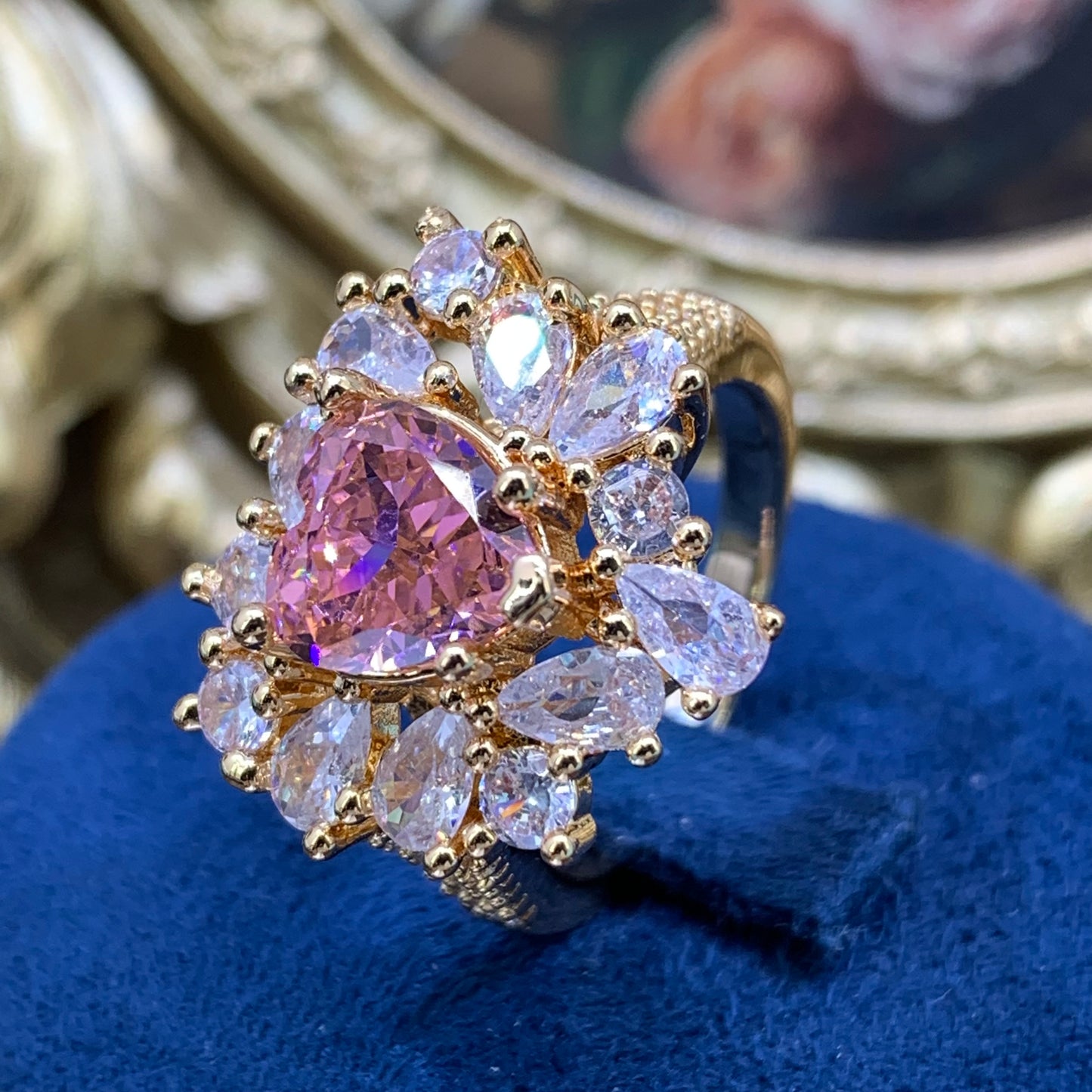 (Cluster love)「Buy 1 get 1 band ring for free」 2CT Cube zircon gemstone rose gold 18K plated ring