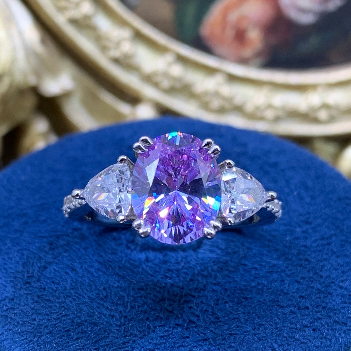 (rebecca)「Buy 1 get 1 Vshape band ring for free」 3CT Artificial Gemstone 925 Sterling Silver Ring