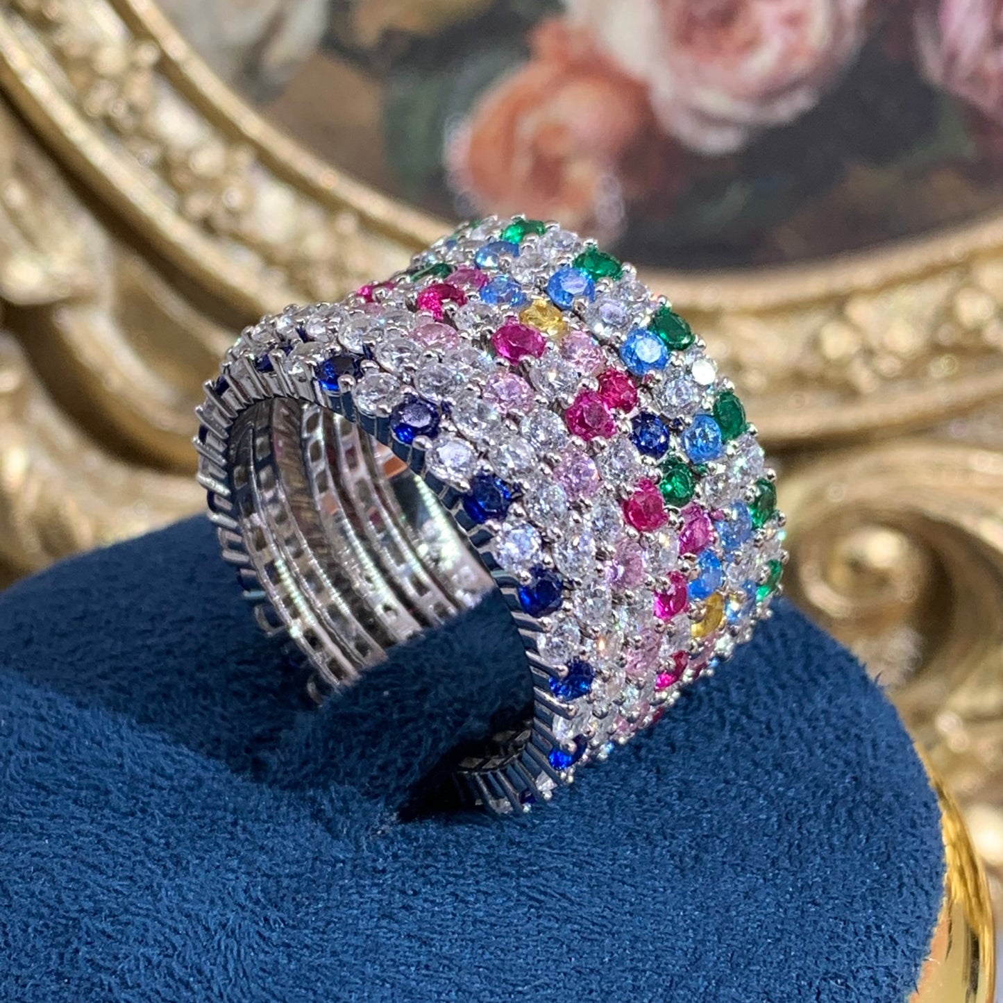 (Colorful) Artificial gemstone 925 Sterling Silver band ring