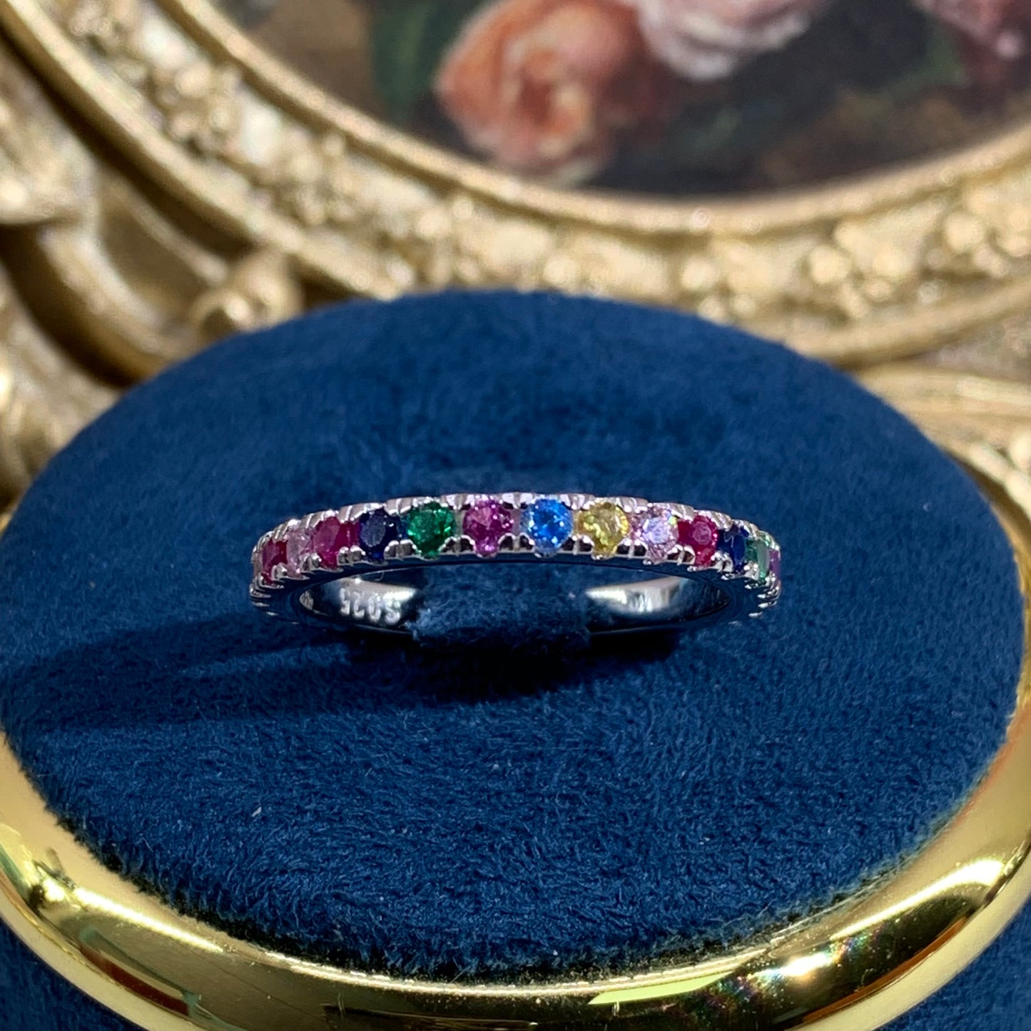 (Colorful) Artificial gemstone 925 Sterling Silver band ring
