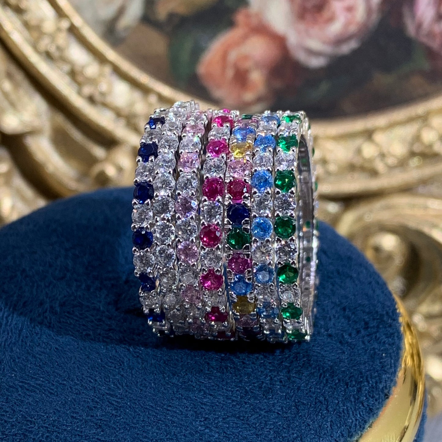(Colorful) Artificial gemstone 925 Sterling Silver band ring