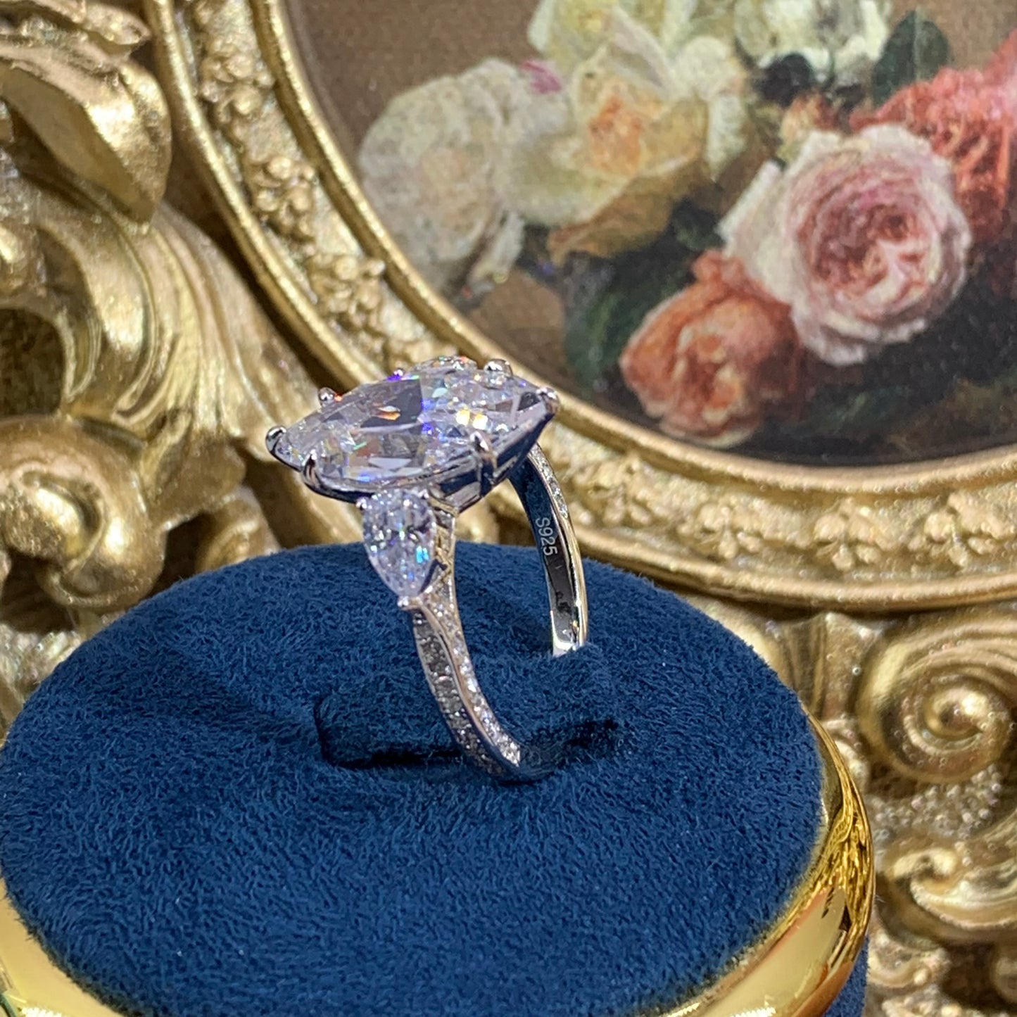 (Marquess) 「Buy 1 get 1 band ring for free」6CT Artificial Gemstone 925 Sterling Silver Ring