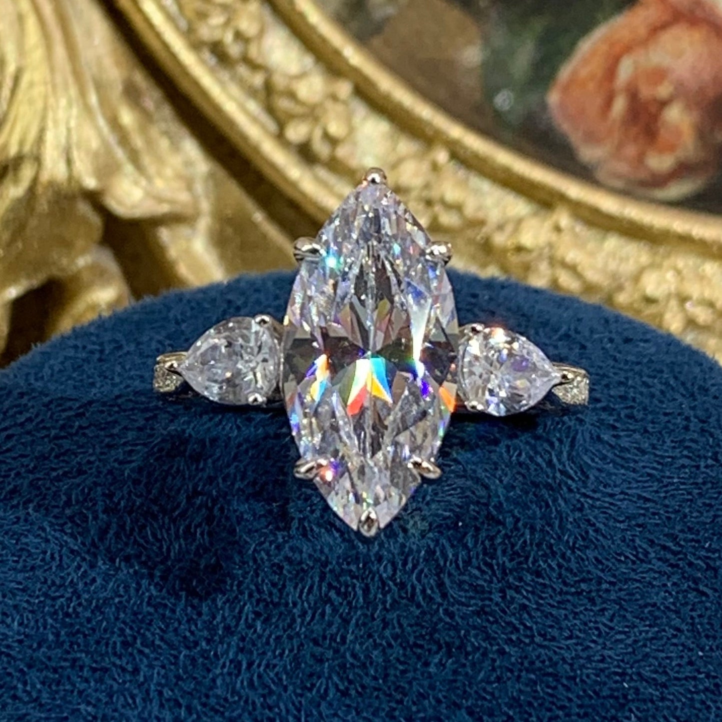(Marquess) 「Buy 1 get 1 band ring for free」6CT Artificial Gemstone 925 Sterling Silver Ring