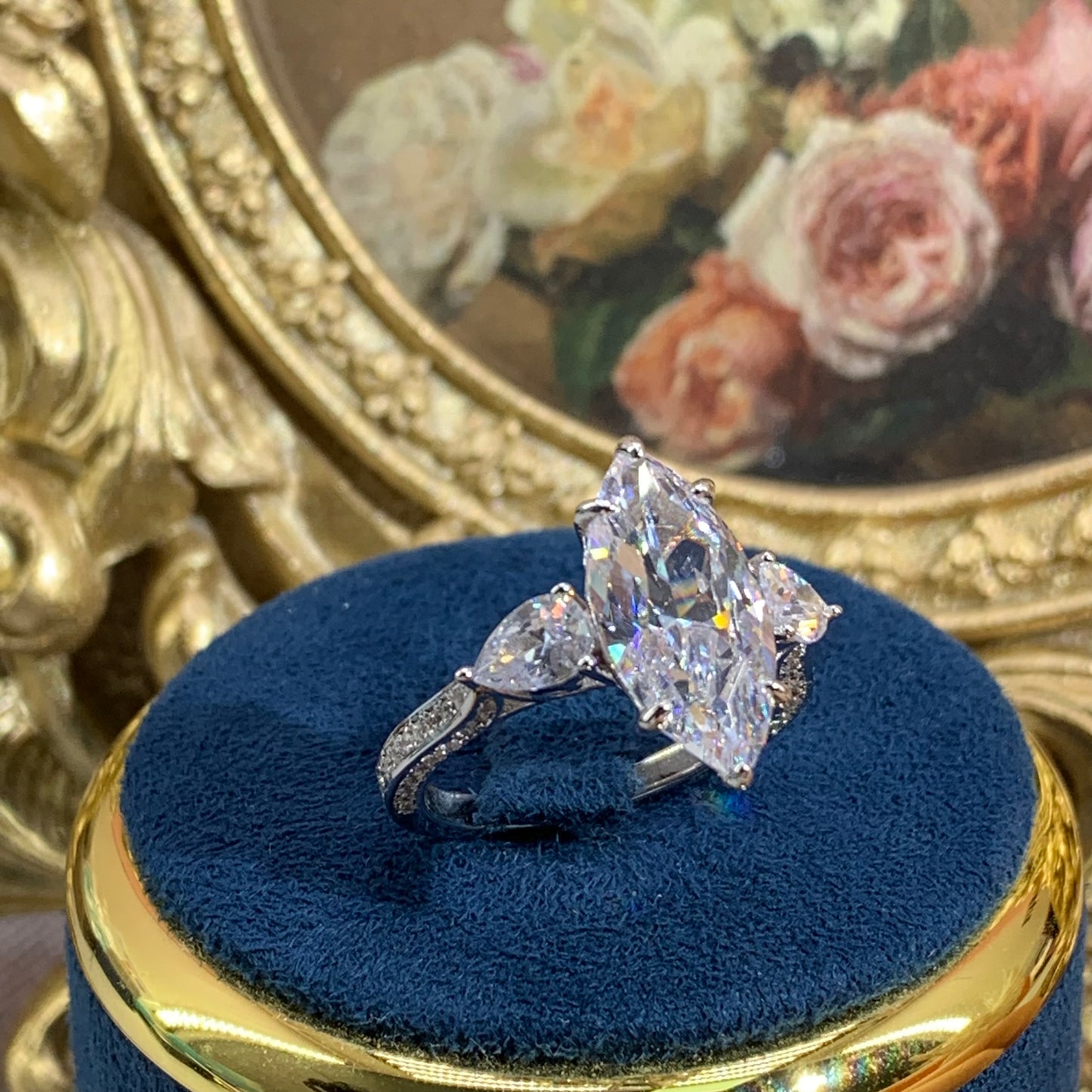 (Marquess) 「Buy 1 get 1 band ring for free」6CT Artificial Gemstone 925 Sterling Silver Ring